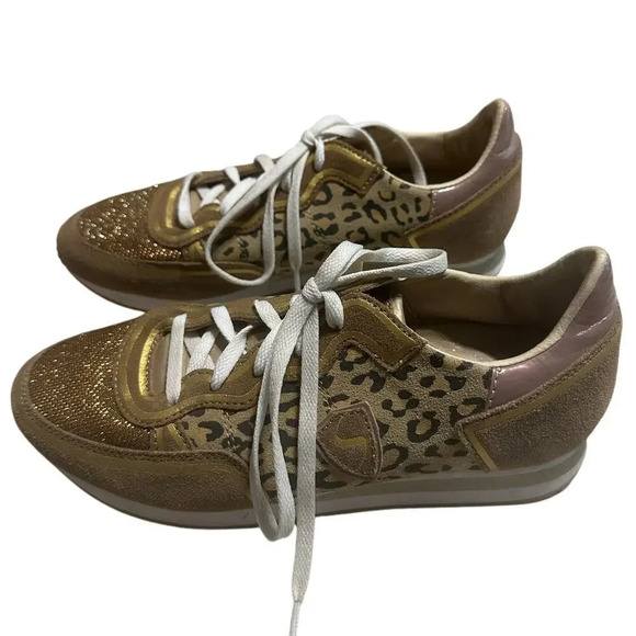 Skecher's Glitter Leopard Love Sneakers Size 8 Suede Textiles Memory Foam Gold - Picture 1 of 10